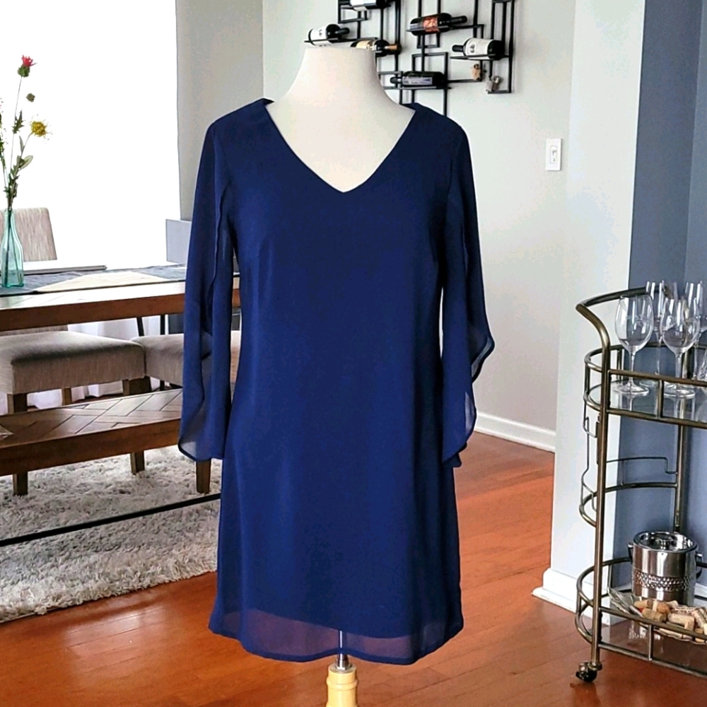 Luxology Blue Flowy 3/4 Sleeve Sheath Midi